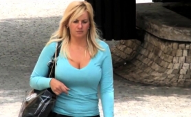 Street Voyeur Finds A Big Breasted Blonde Cougar Outside