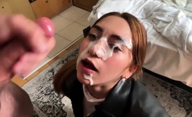 Blowbang session with bukkake ending for cum addicted slut