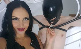 Pitiful masked slave humiliated by merciless MILF mistress