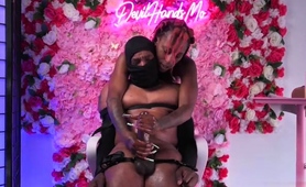 Ebony MILF mistress in lingerie jerks off big black cock